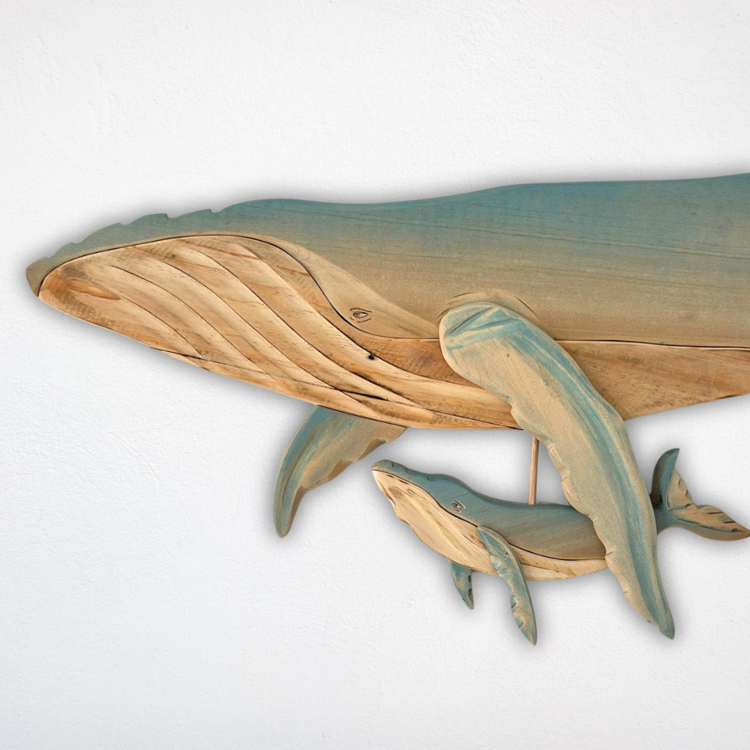 Blue Wooden Whale and Calf Sculpture