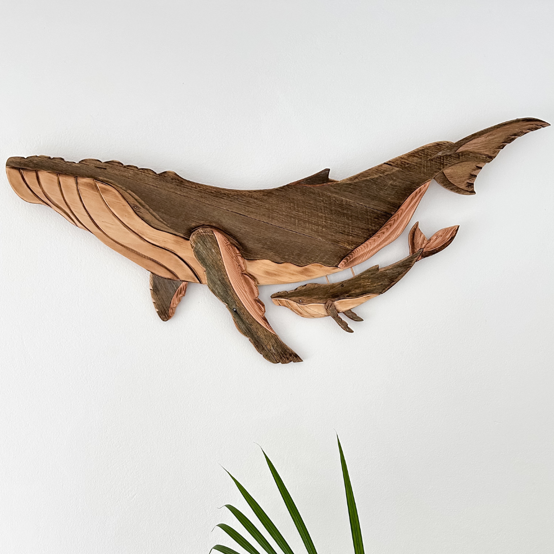 Ocean Serenade Wooden Whale Sculpture with Calf