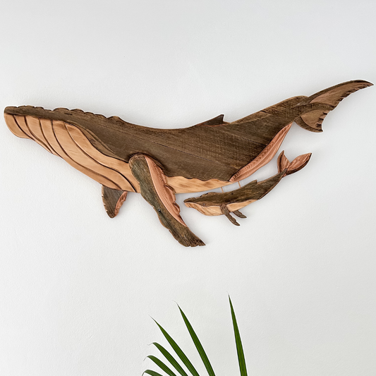 Ocean Serenade Wooden Whale Sculpture with Calf