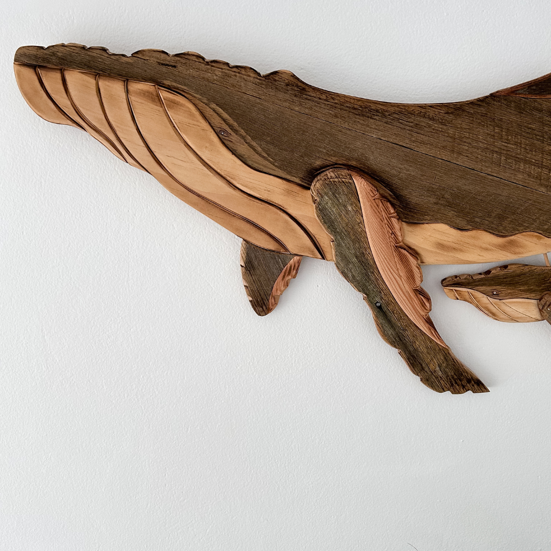 Ocean Serenade Wooden Whale Sculpture with Calf