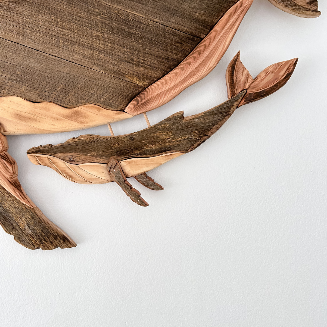 Ocean Serenade Wooden Whale Sculpture with Calf
