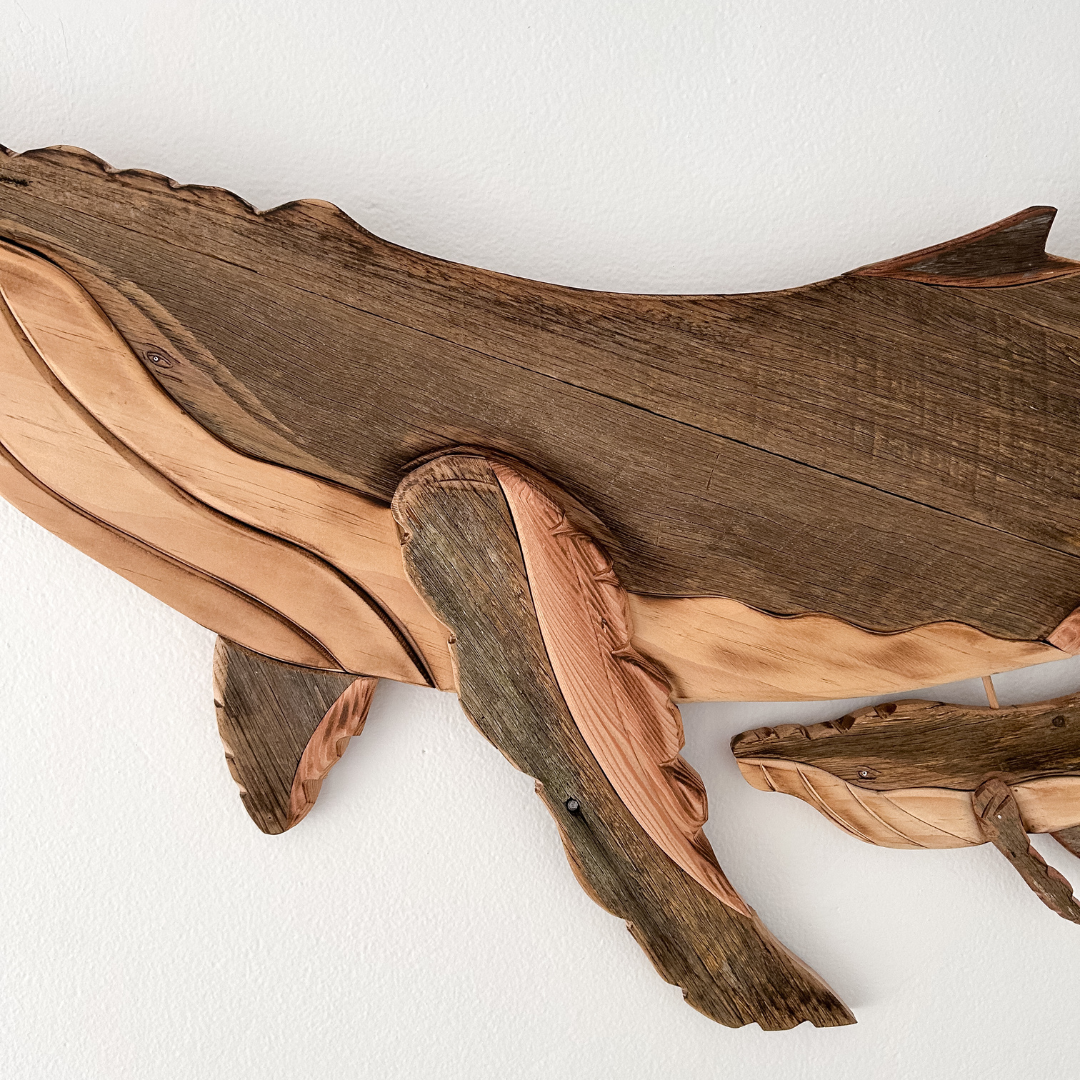 Ocean Serenade Wooden Whale Sculpture with Calf