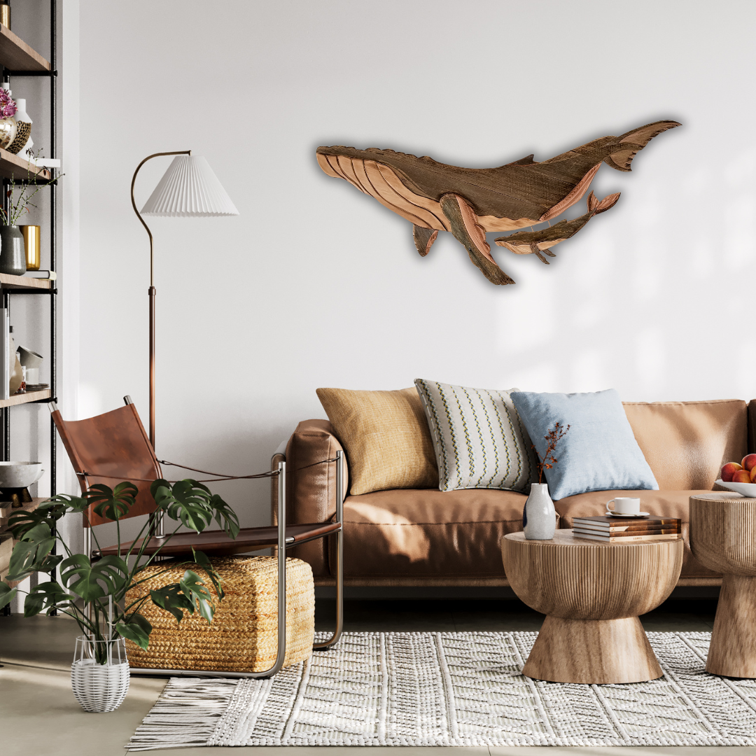 Ocean Serenade Wooden Whale Sculpture with Calf