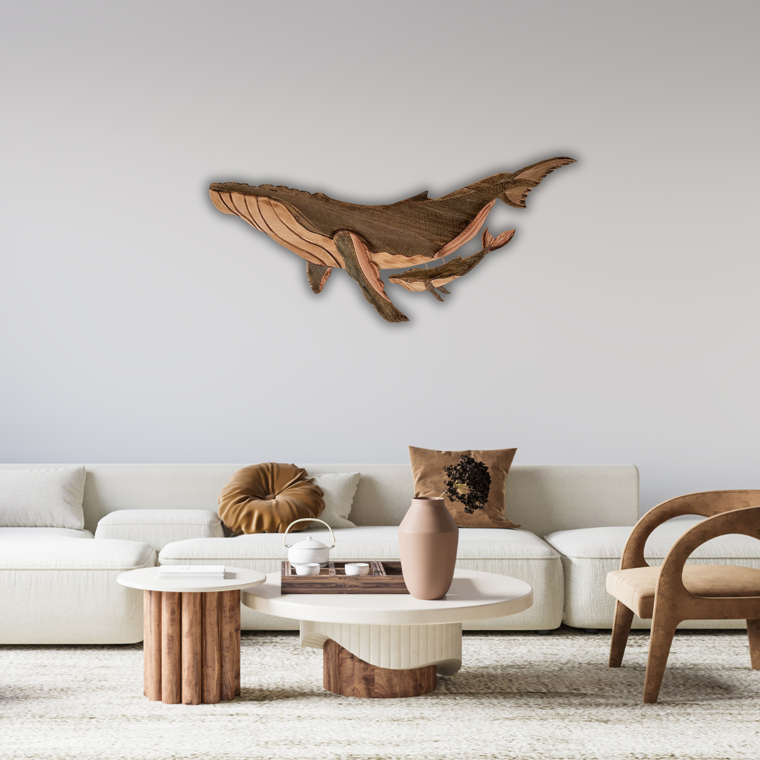Ocean Serenade Wooden Whale Sculpture with Calf