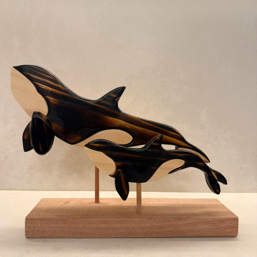 Orca Mother and Calf Sculpture on Stand