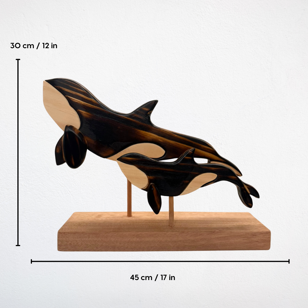 Orca Mother and Calf Sculpture on Stand