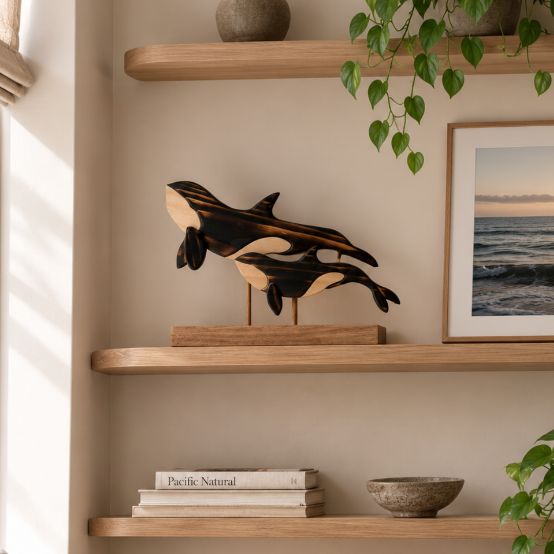 Orca Mother and Calf Sculpture on Stand