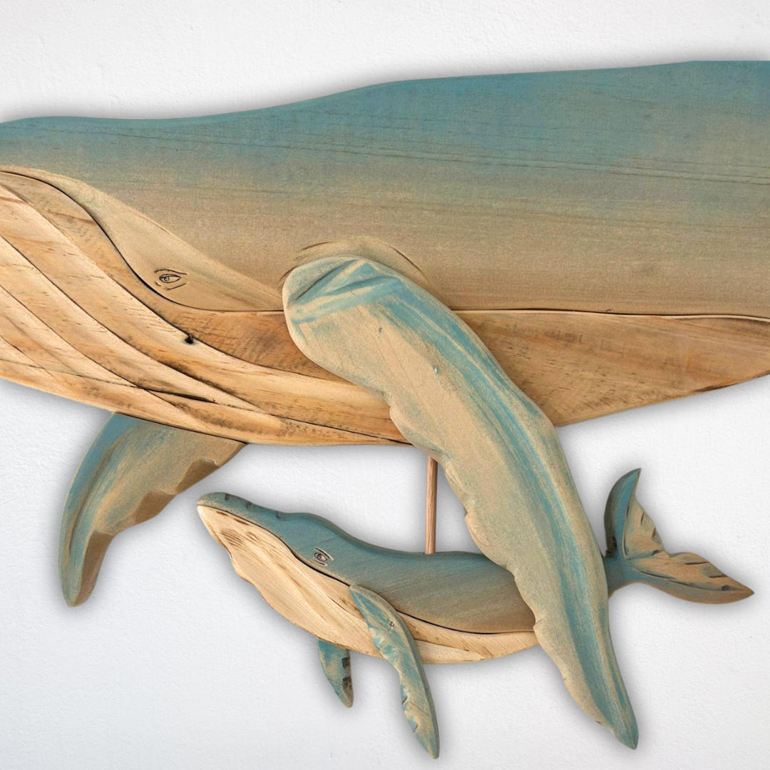 Blue Wooden Whale and Calf Sculpture