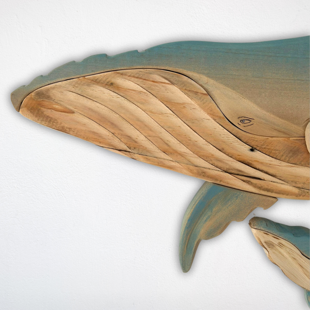 Blue Wooden Whale and Calf Sculpture