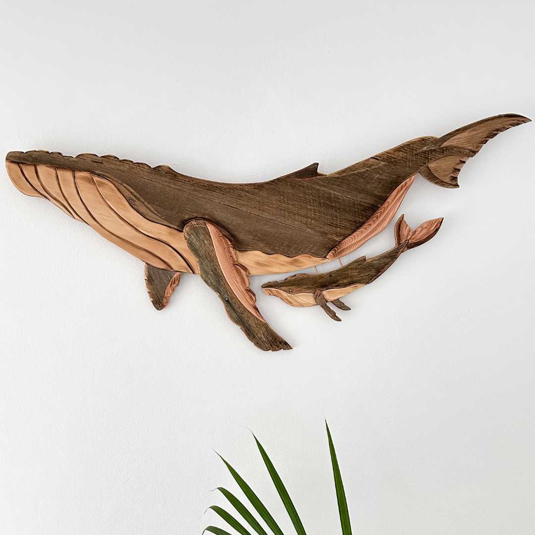 Wooden Whale and Calf with Upturned Tail Sculpture