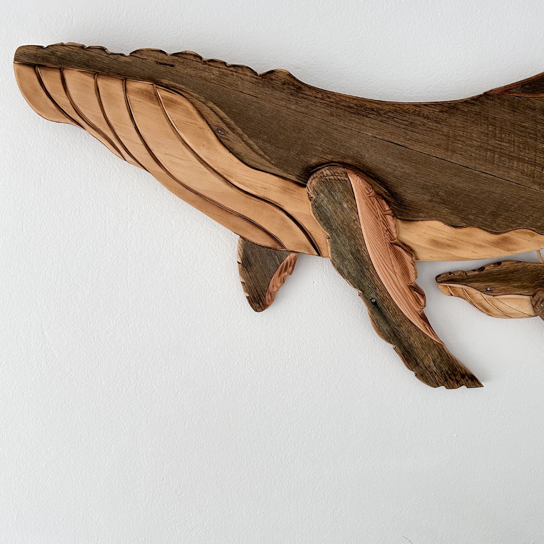 Wooden Whale and Calf with Upturned Tail Sculpture