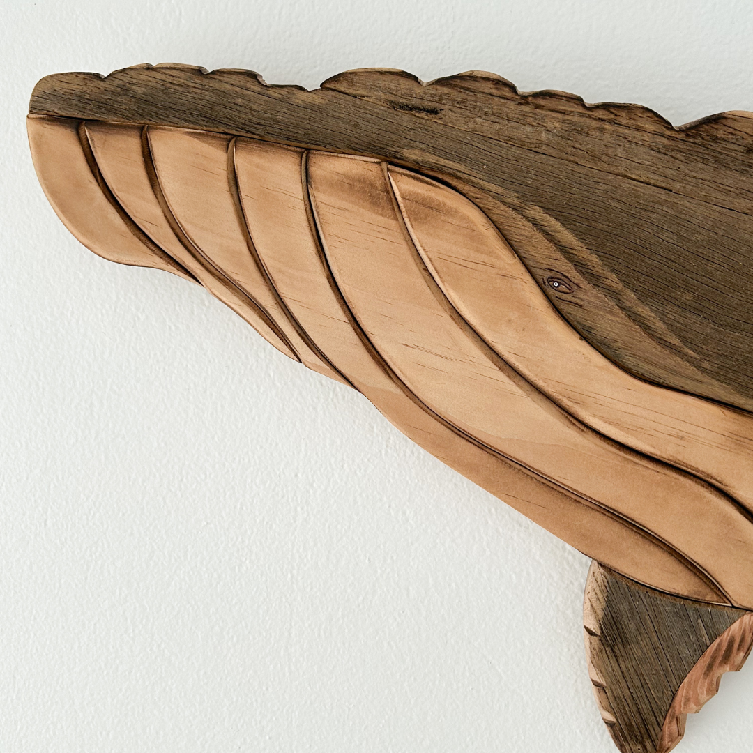 Wooden Whale and Calf with Upturned Tail Sculpture