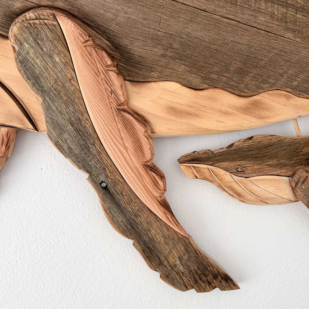 Wooden Whale and Calf with Upturned Tail Sculpture