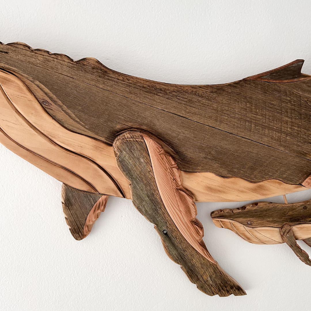 Wooden Whale and Calf with Upturned Tail Sculpture