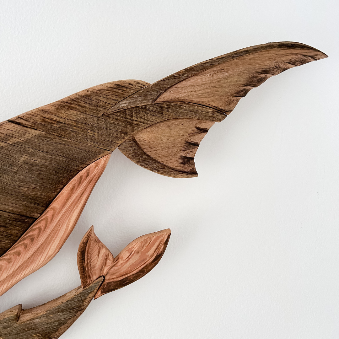 Wooden Whale and Calf with Upturned Tail Sculpture