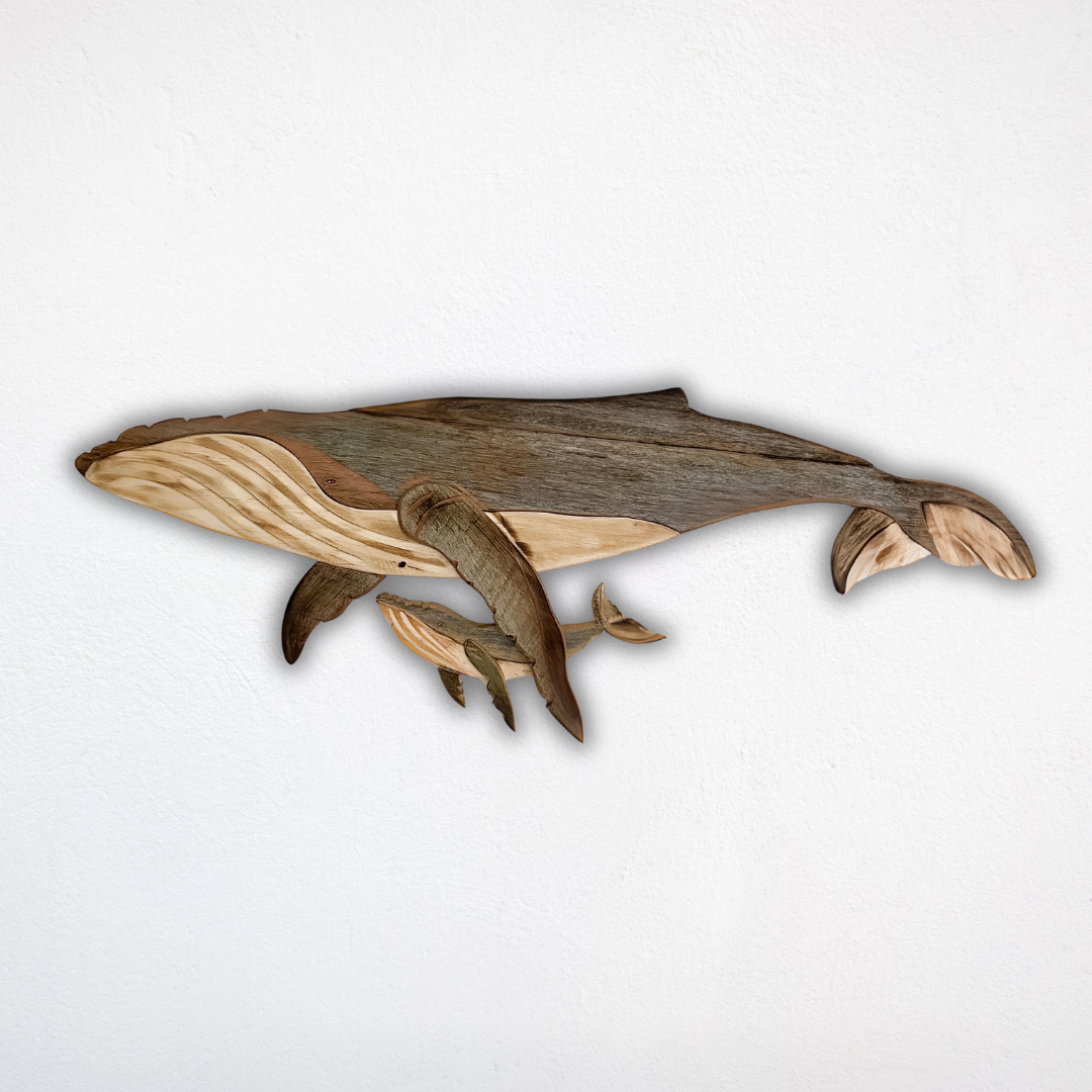 Wooden Whale and Calf Sculpture