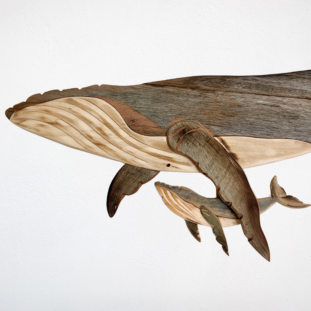 Wooden Whale and Calf Sculpture