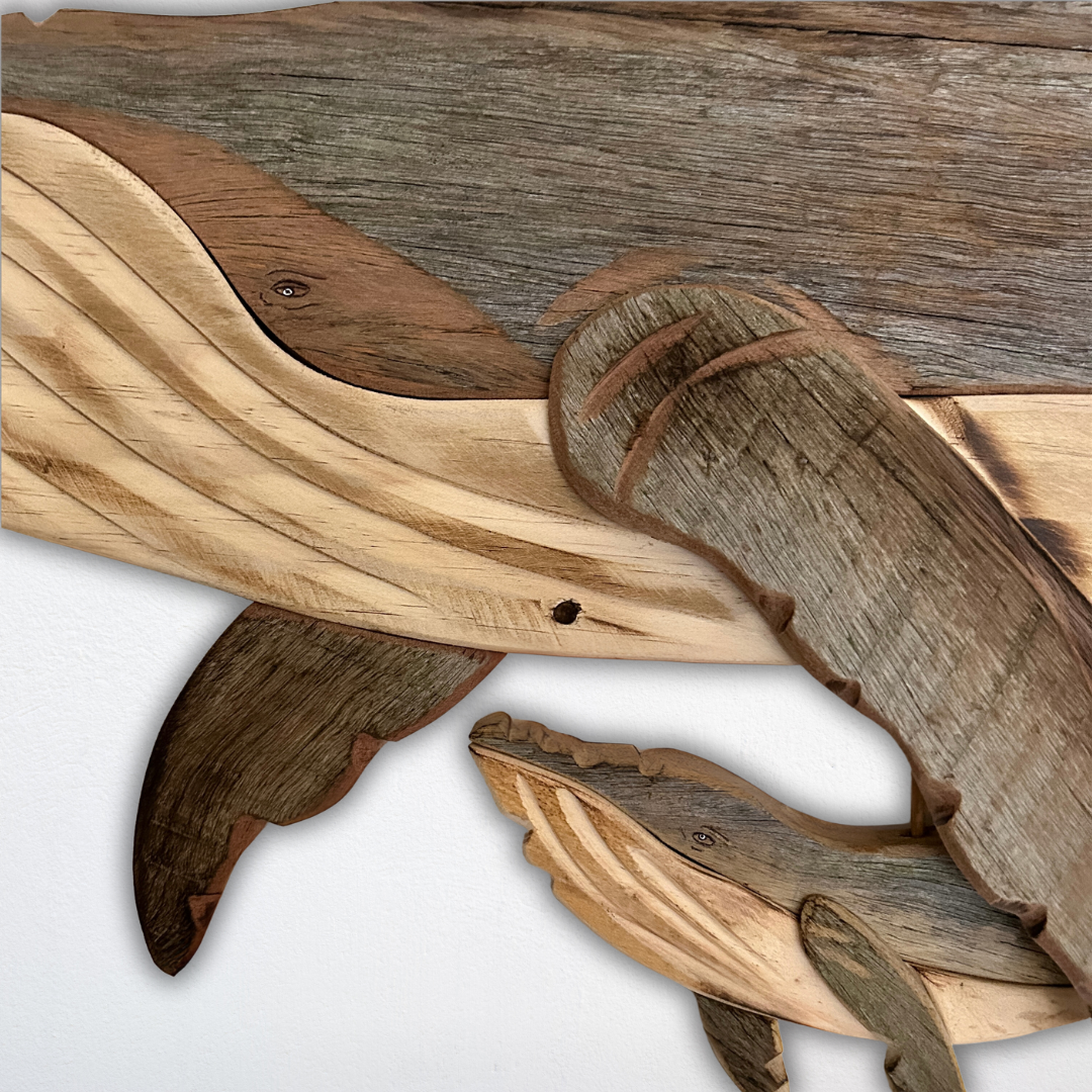 Wooden Whale and Calf Sculpture