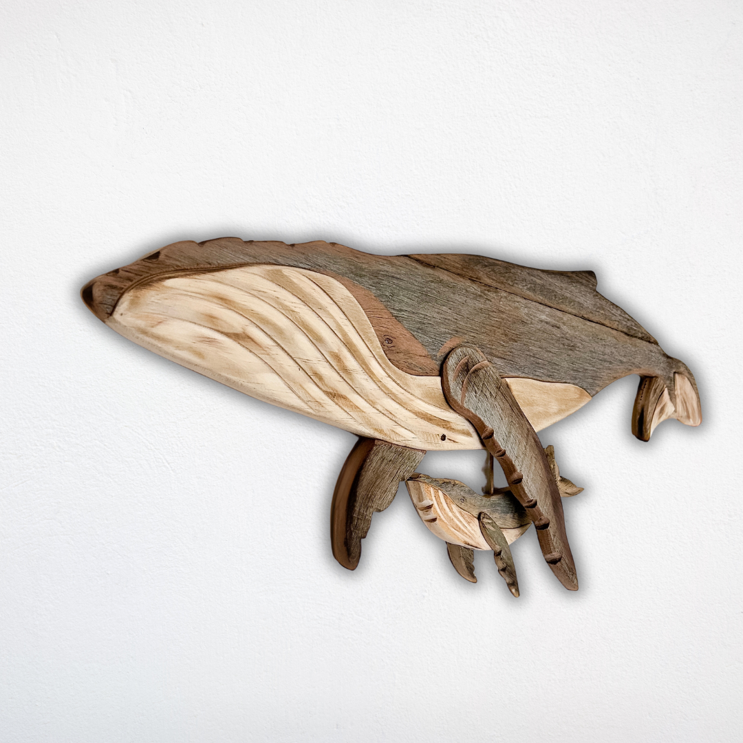 Wooden Whale and Calf Sculpture