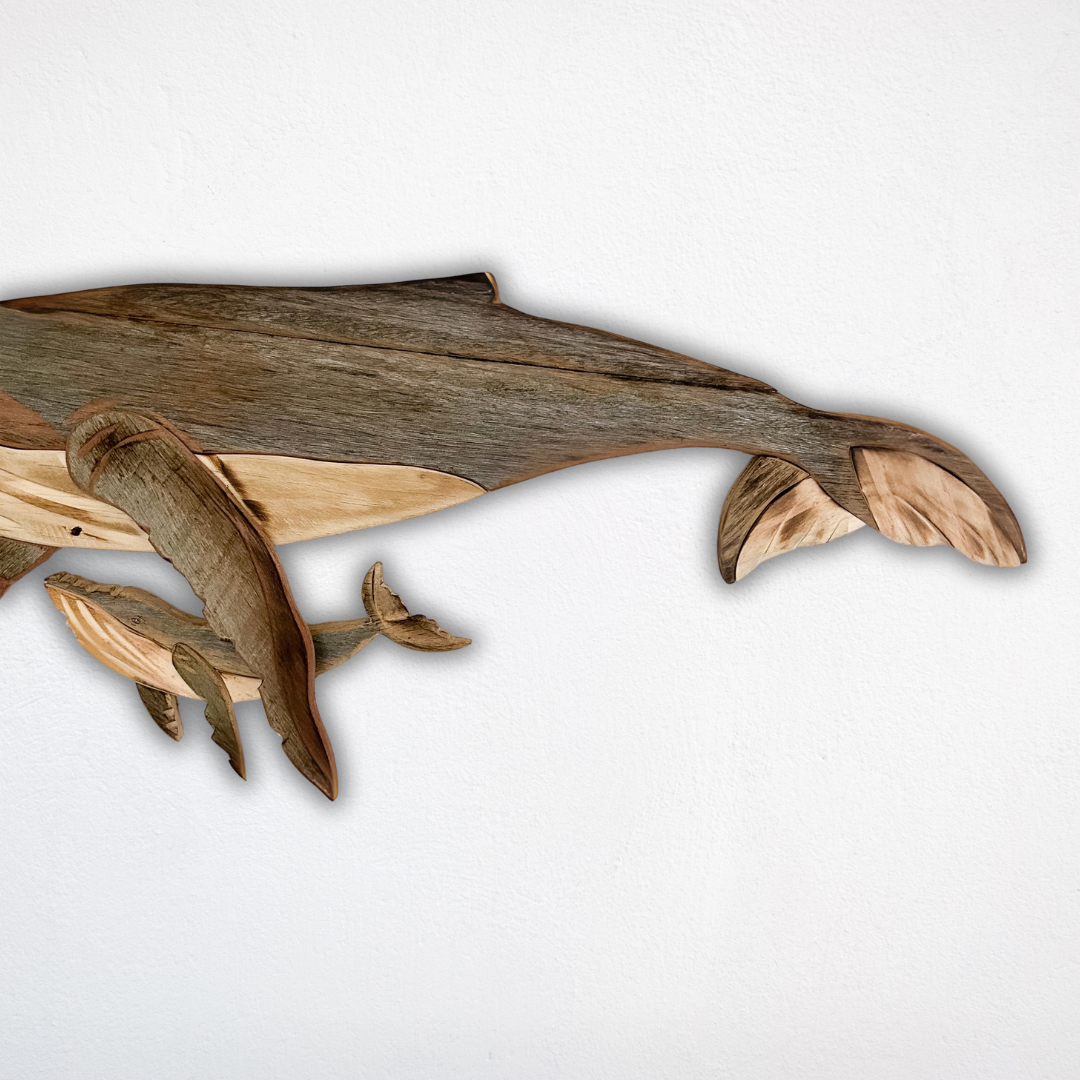 Wooden Whale and Calf Sculpture