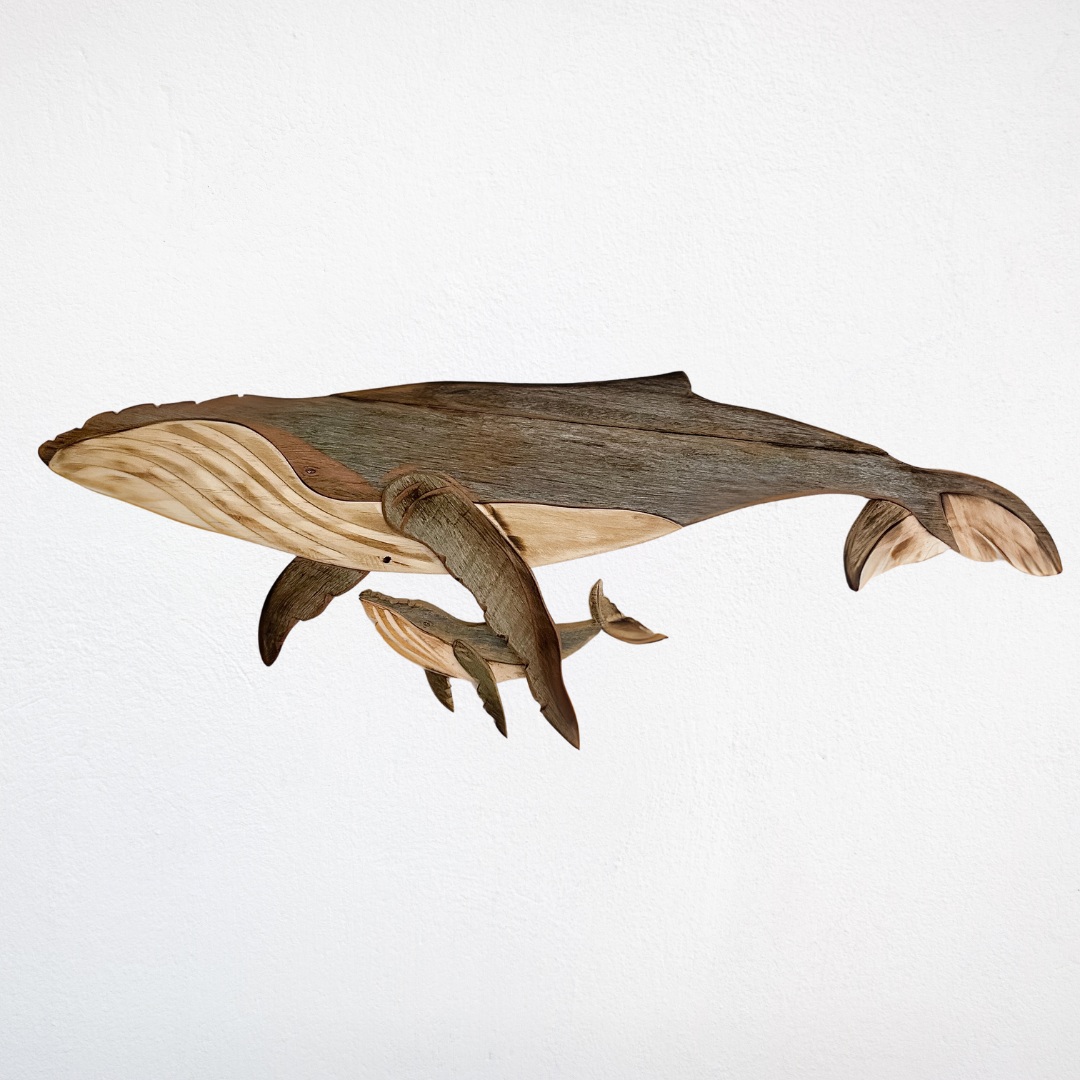 Wooden Whale and Calf Sculpture