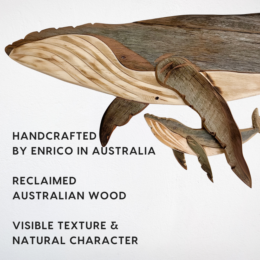 Wooden Whale and Calf Sculpture