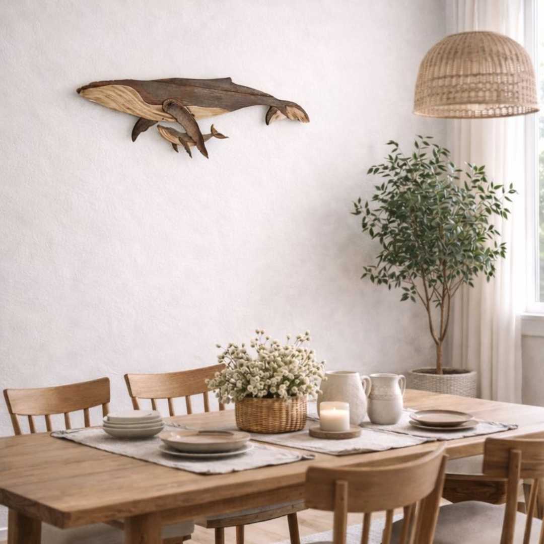 Wooden Whale and Calf Sculpture